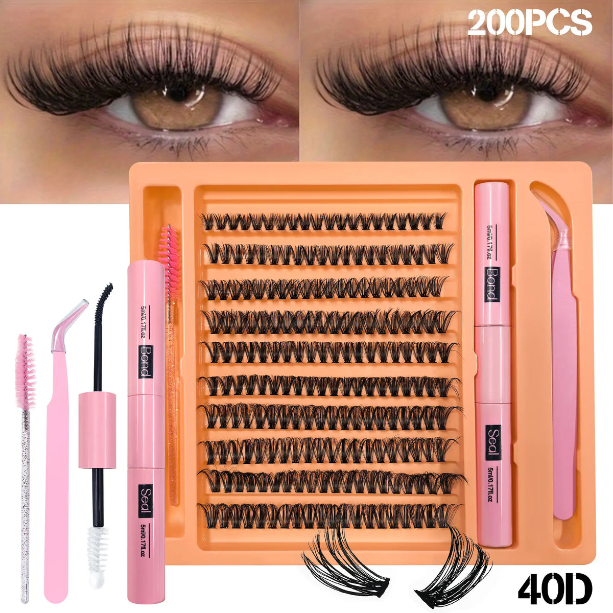 200 clusters of 40D single false eyelashes set - includes glue, tweezers, and brush, for natural and fluffy results.