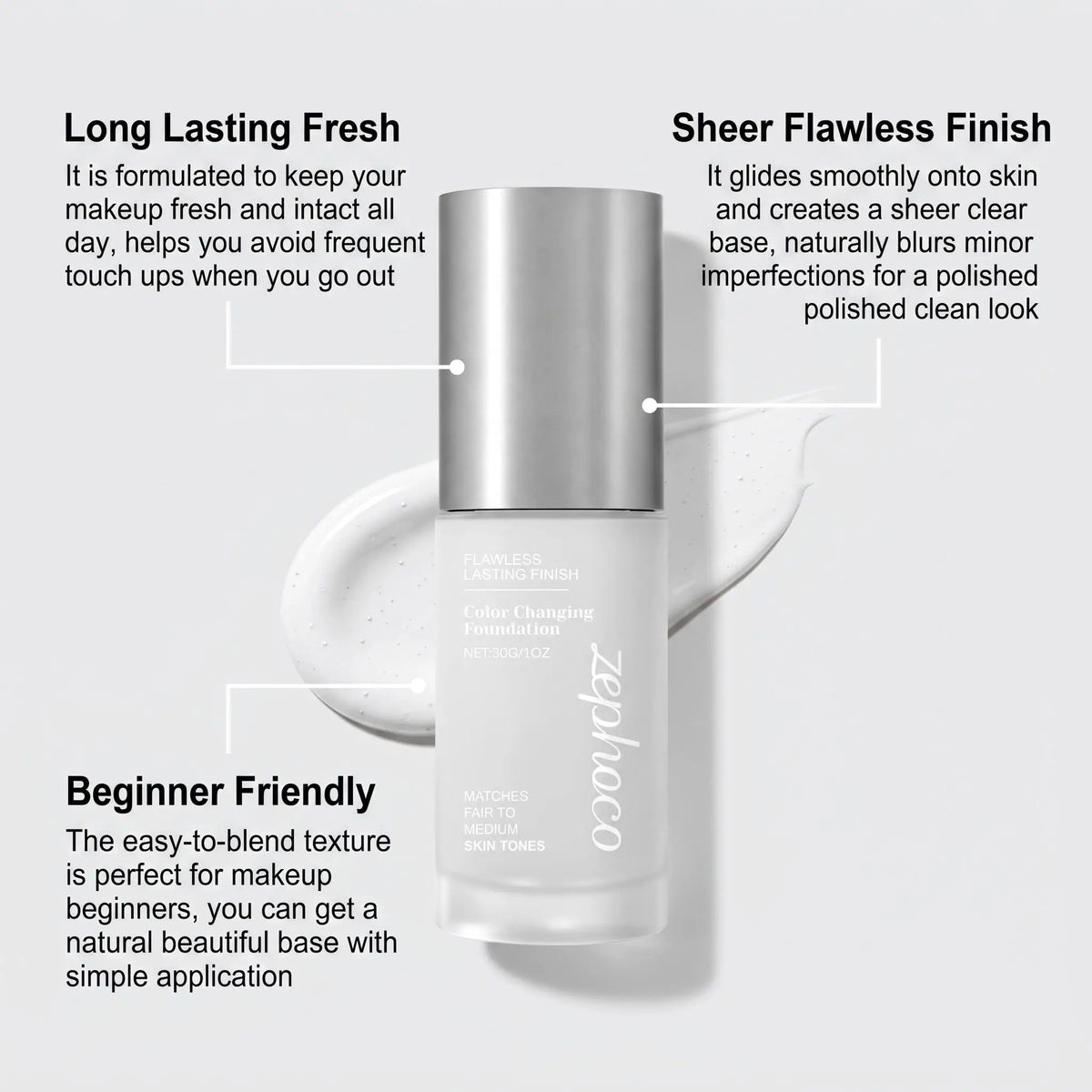 Zephoco Color Changing Foundation Waterproof Sweating Natural Lightweight Hydrating Matches Fair Medium Skin Tones Longwearing Matte High Coverage Makeup Liquid Face Base Makeup
