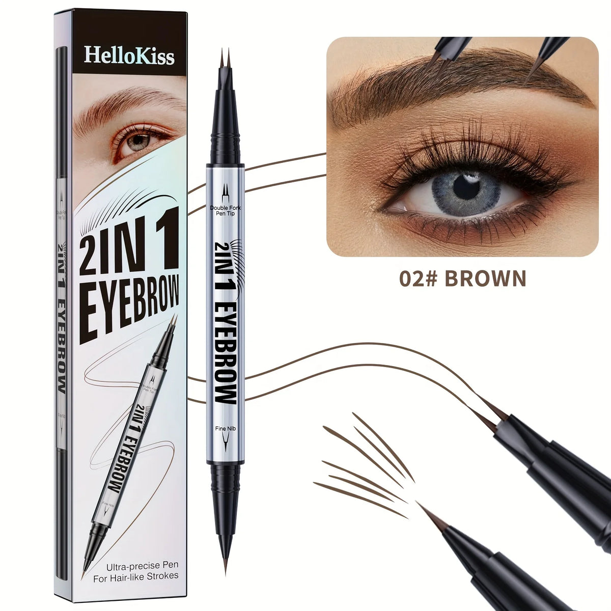 Luxury 2-in-1 Brow Pen with Micro Fork Tip & Precision Brush Waterproof Eyebrow Pencil for Natural Hair Strokes