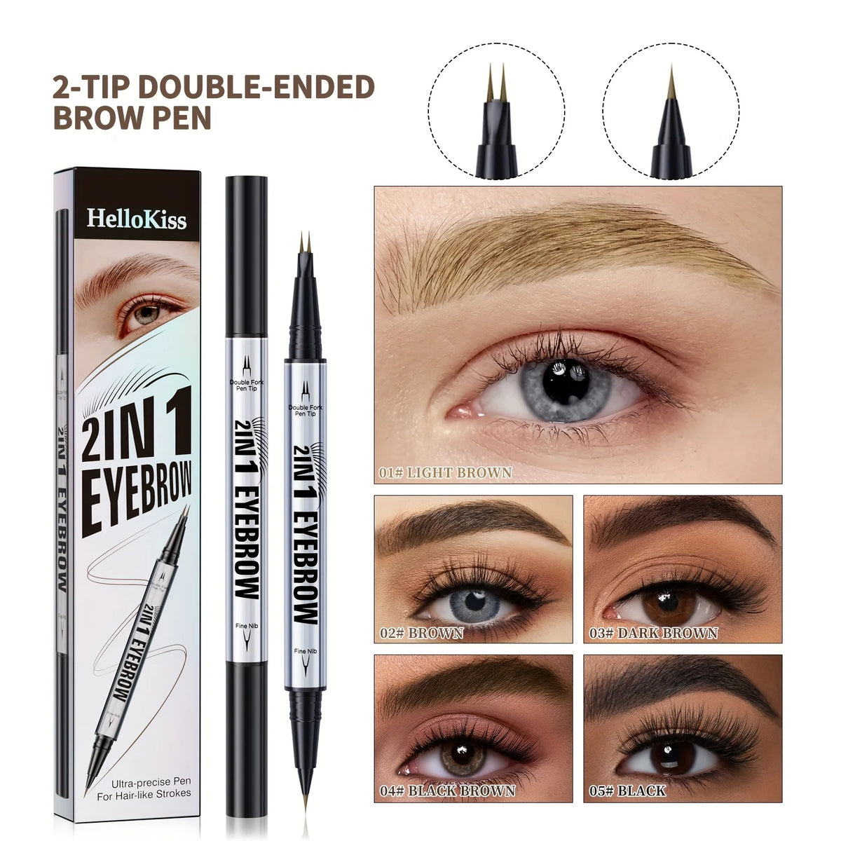 Luxury 2-in-1 Brow Pen with Micro Fork Tip & Precision Brush Waterproof Eyebrow Pencil for Natural Hair Strokes