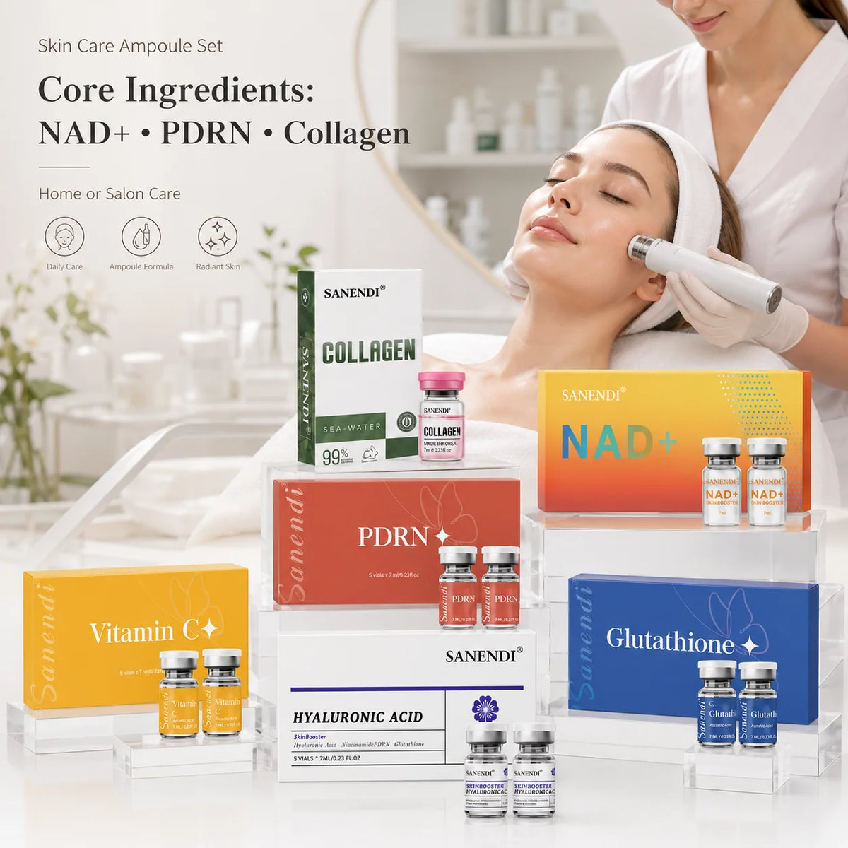Sanendi NAD+ PDRN Salmon DNA Hyaluronic Acid Facial Serum Vitamin C For Der.pen Skin Glow Collagen Face Essence Korean Salon