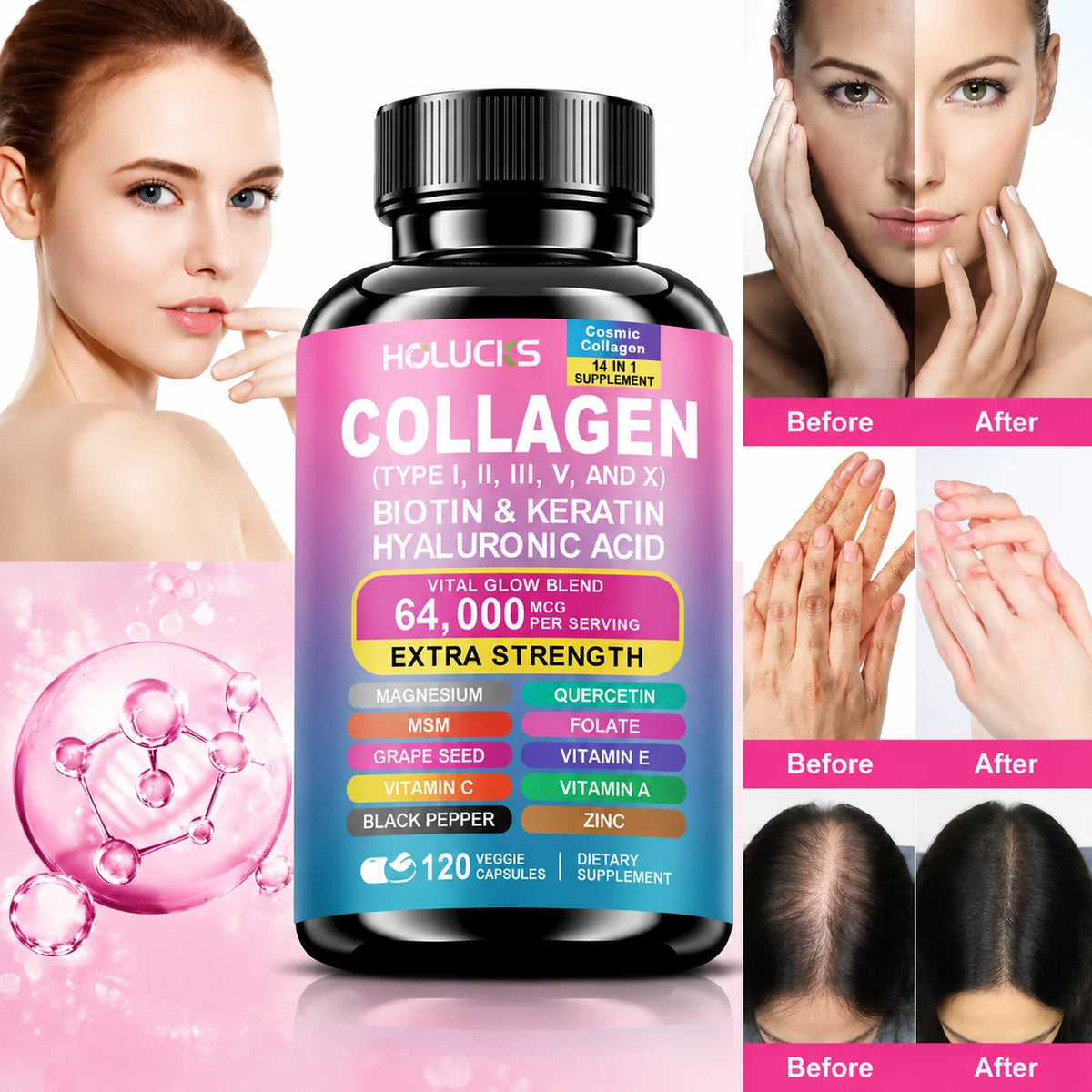 Collagen Capsules with Vitamin A C E Biotin, Support Skin Nail Joint Health, Hair Growth, Anti Aging, Firming, Whitening, Energy