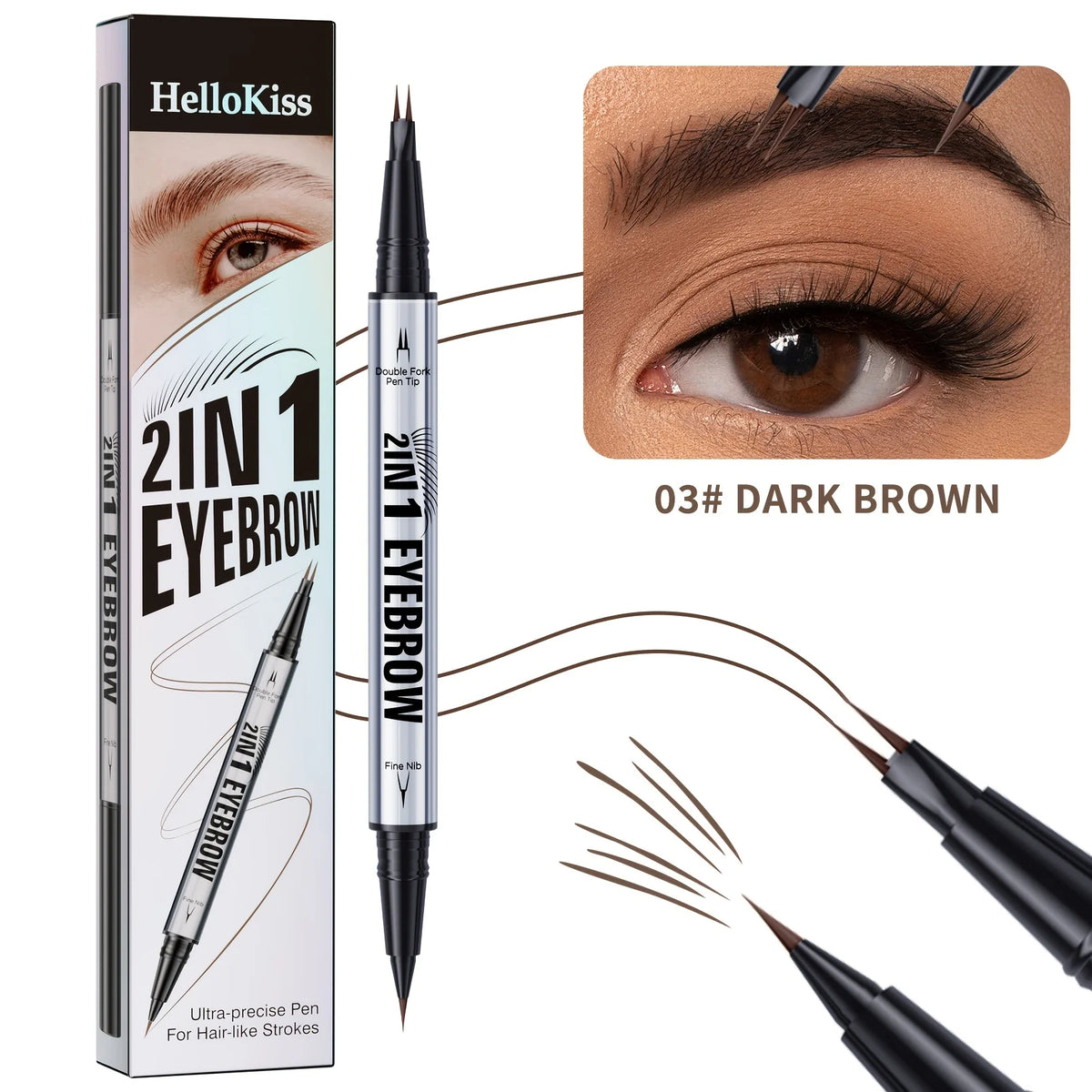 Luxury 2-in-1 Brow Pen with Micro Fork Tip & Precision Brush Waterproof Eyebrow Pencil for Natural Hair Strokes