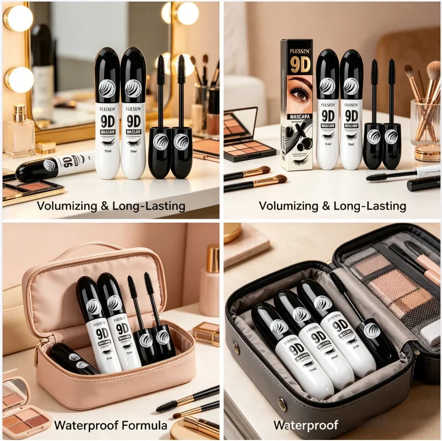 2pcs FUESSEN 9D Volume Mascara Set Intense Black Waterproof Long-Lasting Thick Full Lash Effect Ideal Mother's Day Gift for Best
