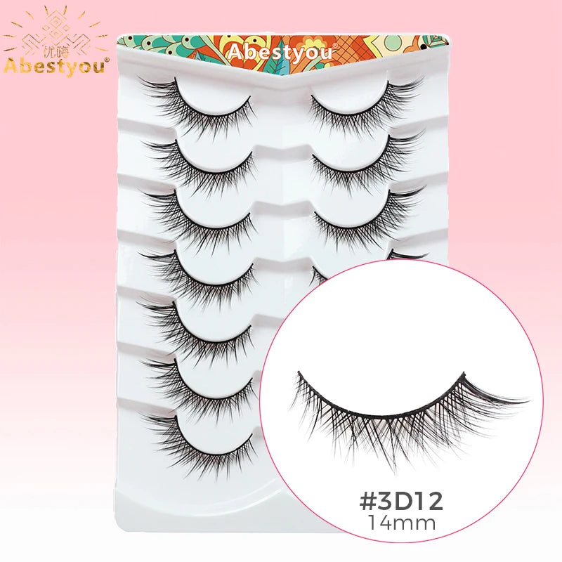 Abestyou Offical 7Pair 12mm Short Brown Coffee Color False EyeLashes Natural Long Wispy Invisible Band Full Strip 3d Mink Lashes