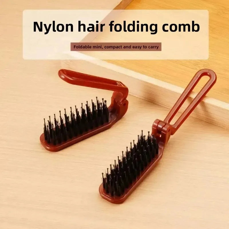 Foldable Portable Boar Bristle Hair Brush Comb Travel Hair Styling Accessory with Relaxing Head Massager Function for On-the-Go