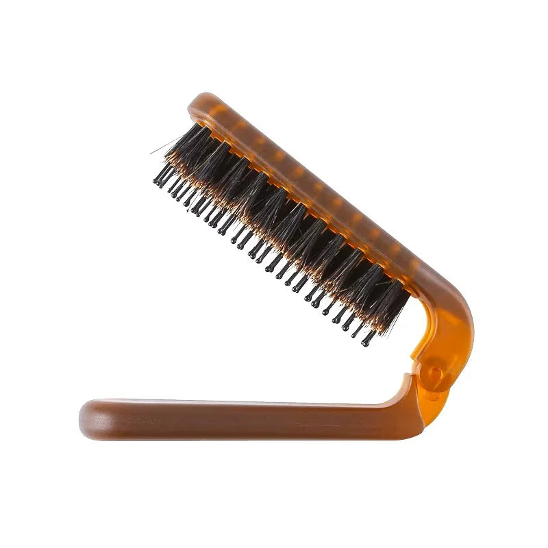 Foldable Portable Boar Bristle Hair Brush Comb Travel Hair Styling Accessory with Relaxing Head Massager Function for On-the-Go