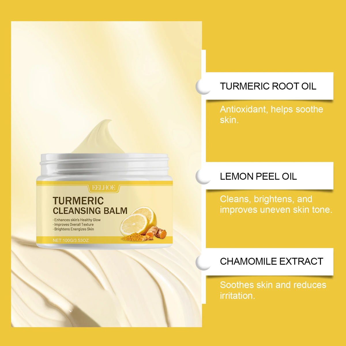Ginger Lemon Makeup Remover Cleansing Facial Non-Tightening Gentle Makeup Face Eye Lip Makeup Remover Turmeric Cleansing Balm