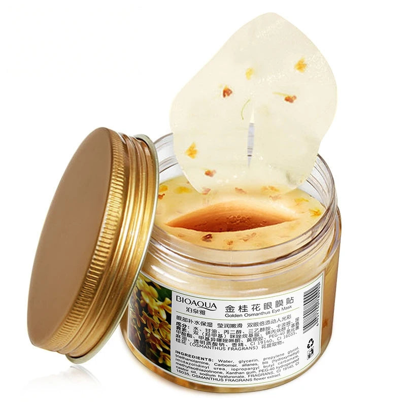 1 Box of 80 Eye Mask Patches Contains Golden Osmanthus Flower Essence, Antioxidant and Brightening Properties, Jelly Gel Texture, Adheres to the Eye Area Without Slipping, Moisturizes and Hydrates, Reduces Dry Lines an
