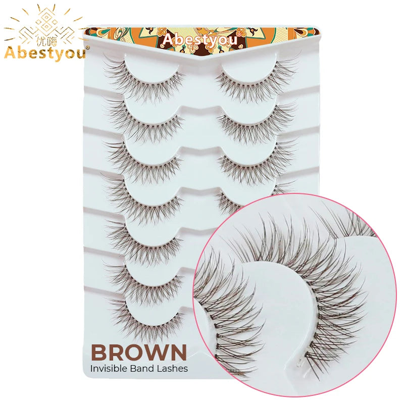 Abestyou Offical 7Pair 12mm Short Brown Coffee Color False EyeLashes Natural Long Wispy Invisible Band Full Strip 3d Mink Lashes