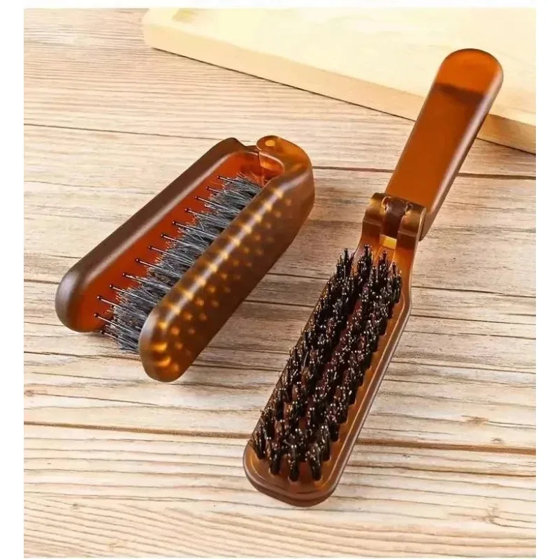 Foldable Portable Boar Bristle Hair Brush Comb Travel Hair Styling Accessory with Relaxing Head Massager Function for On-the-Go