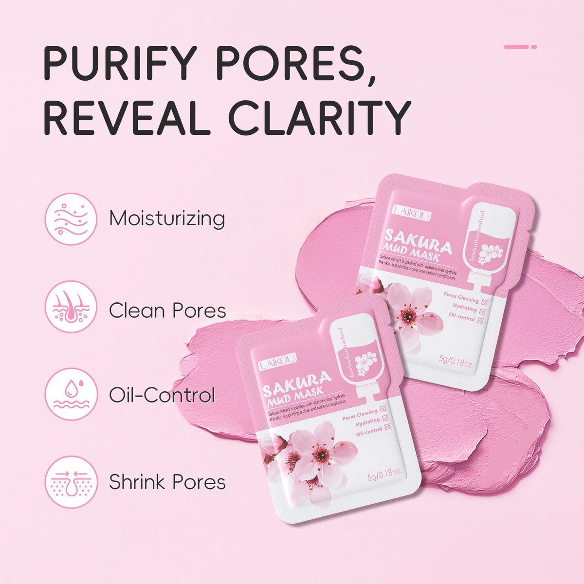 Laikou Sakura Clay Mask Trial Size Hydrating Deep Cleansing Pore Minimizing Brightening Face Mask Skin Care Product Mud Mask 5g