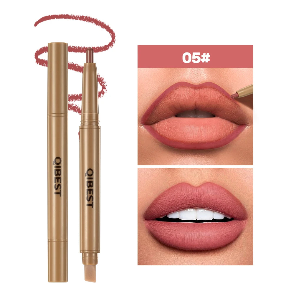 QIBEST Double Ended Lip Liner&Brush Pen 2 In 1 Stick Mist Matte Contour Tint Lipstick Pencil Nude Black Lipliner Lasting Makeup