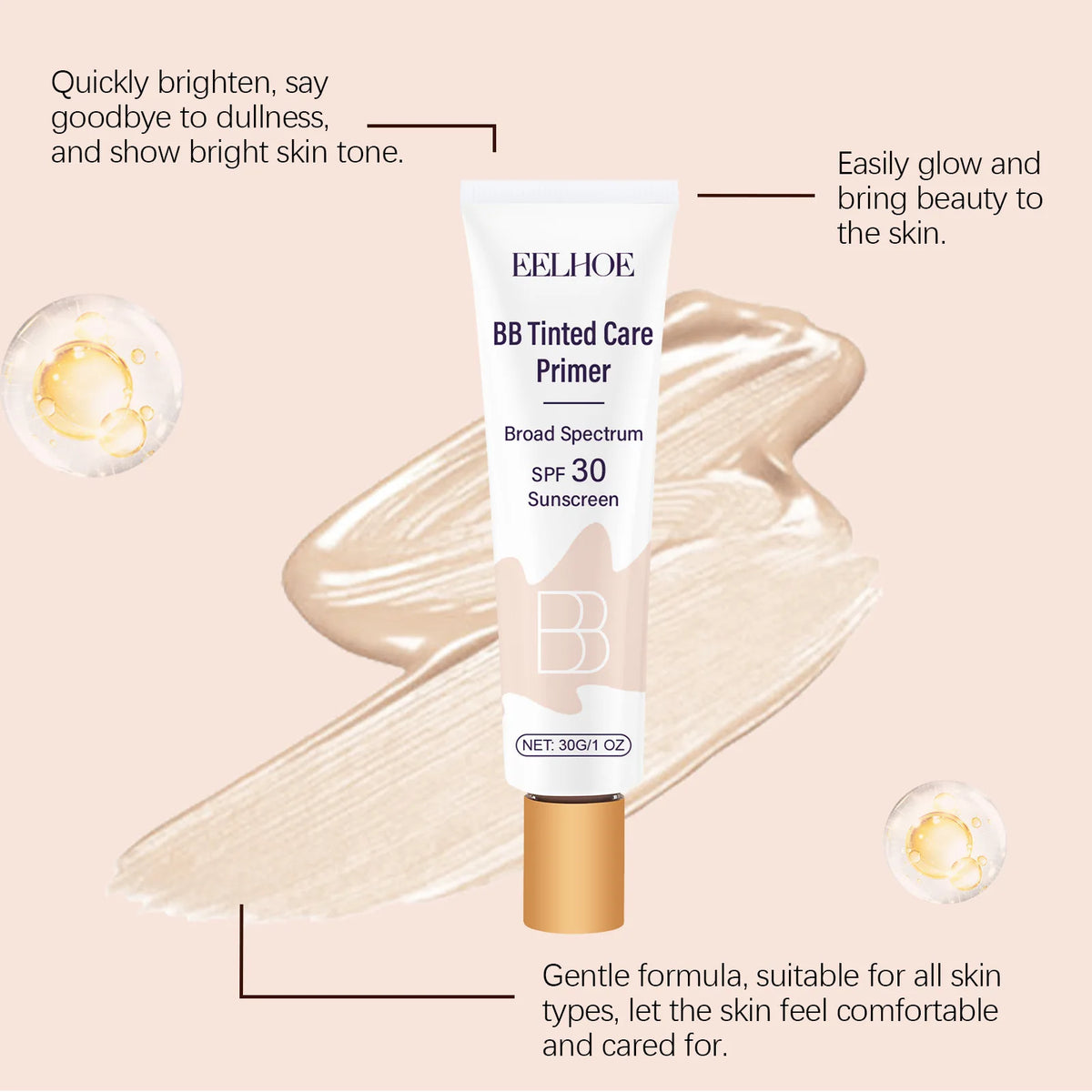 Tinted BB Cream with SPF 30 Full Coverage Invisible Pores Acne Brightening Niacinamide Nude Makeup Facial Foundation Waterproof