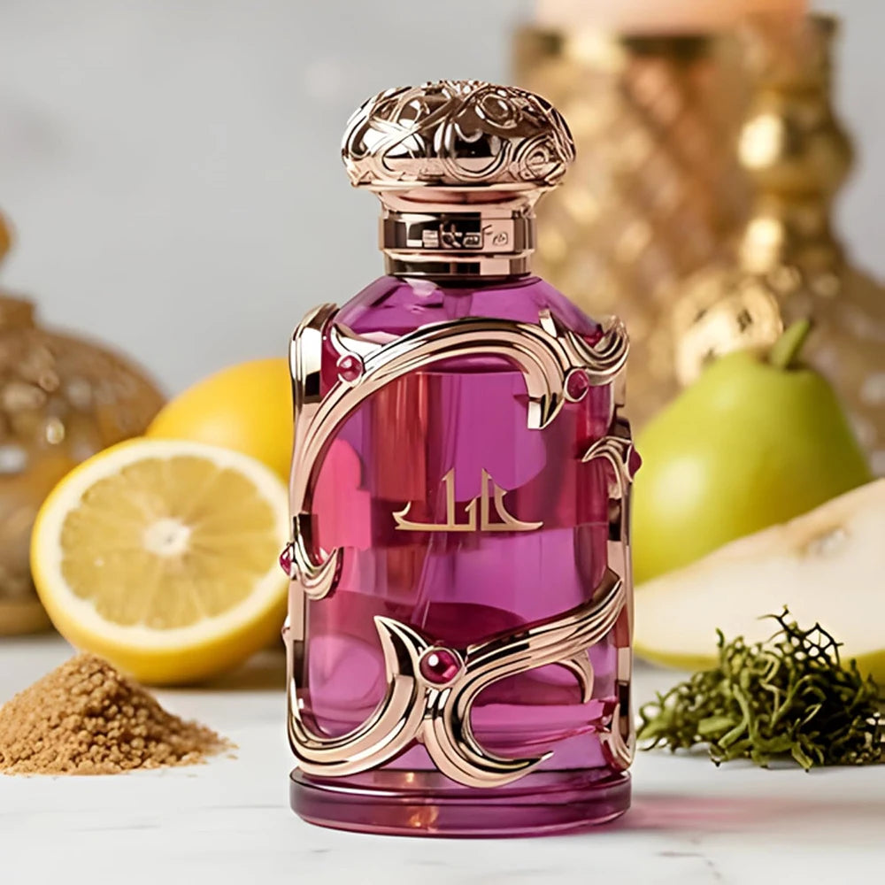 Luxury Habiik Decorative Women Perfume 100ml, Soft Pear Jasmine Oriental Fragrance, Rose Gold Engraved Metal Cage Pink Glass Bottle, Ready Gift Box for Her Birthday Holiday