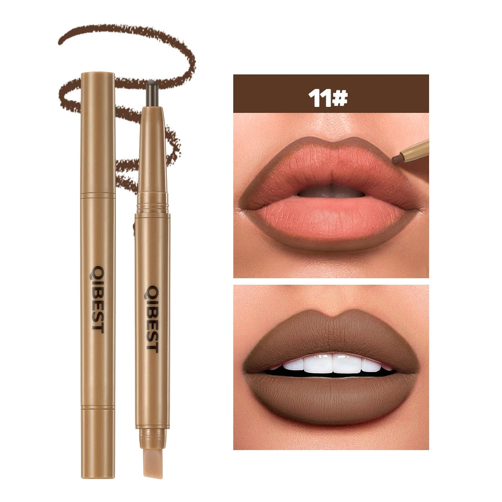 QIBEST Double Ended Lip Liner&Brush Pen 2 In 1 Stick Mist Matte Contour Tint Lipstick Pencil Nude Black Lipliner Lasting Makeup
