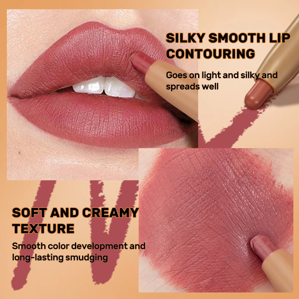QIBEST Double Ended Lip Liner&Brush Pen 2 In 1 Stick Mist Matte Contour Tint Lipstick Pencil Nude Black Lipliner Lasting Makeup