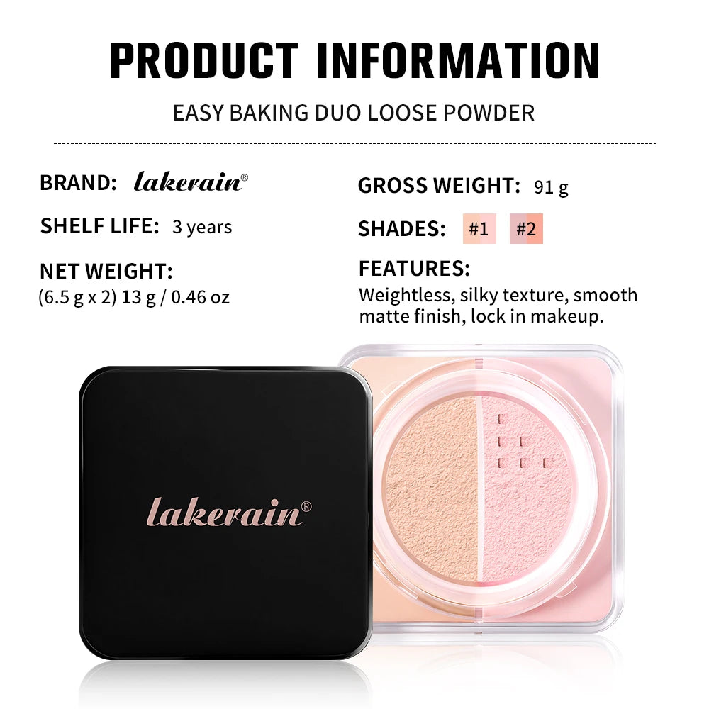 Lakerain Dual Color Loose Powder Baking Setting Face Powder Long Lasting Oil Control Matte Makeup for Women Girls Daily Party Co
