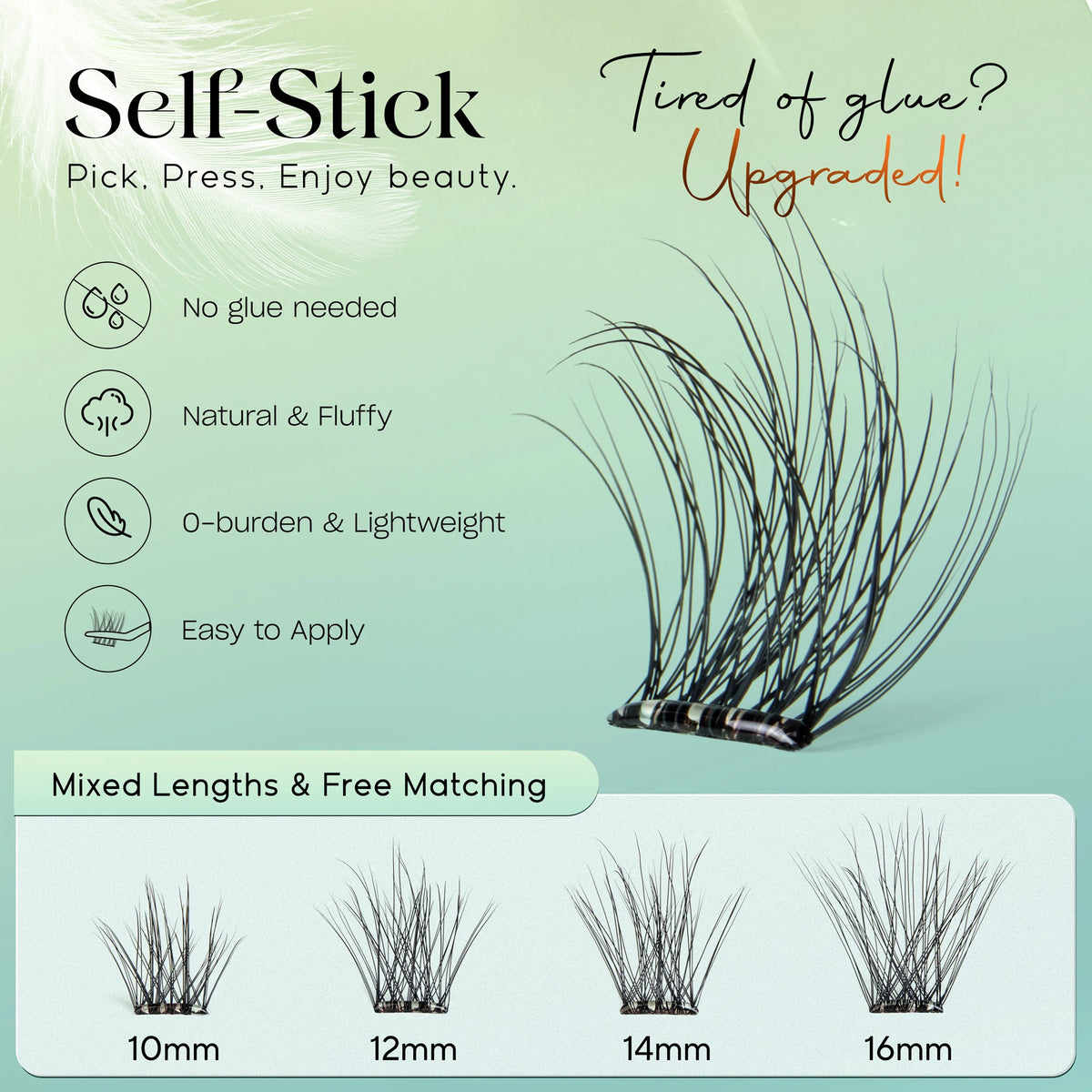 VYRILA Self Adhesive Eyelashes No Glue Needed Lashes 10‑16mm Pre Glued Cluster Lashes D Curl Soft Natural Press on Lashes