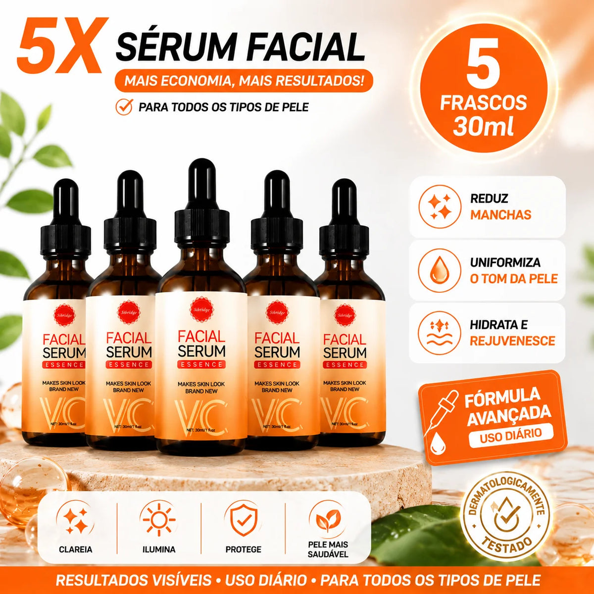 Sérum Clareador Cutâneo com Vitamina C, Combate Melasma e Manchas, Uniformiza e Renova o Tom da Pele