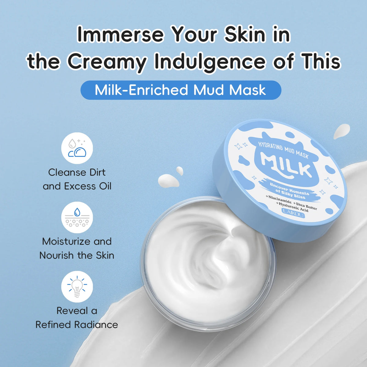 LAIKOU Milk Hydrating Mud Mask 90g Kaolin Sea Mud Gentle Cleansing Smoothing Brightening Face Clay Mask