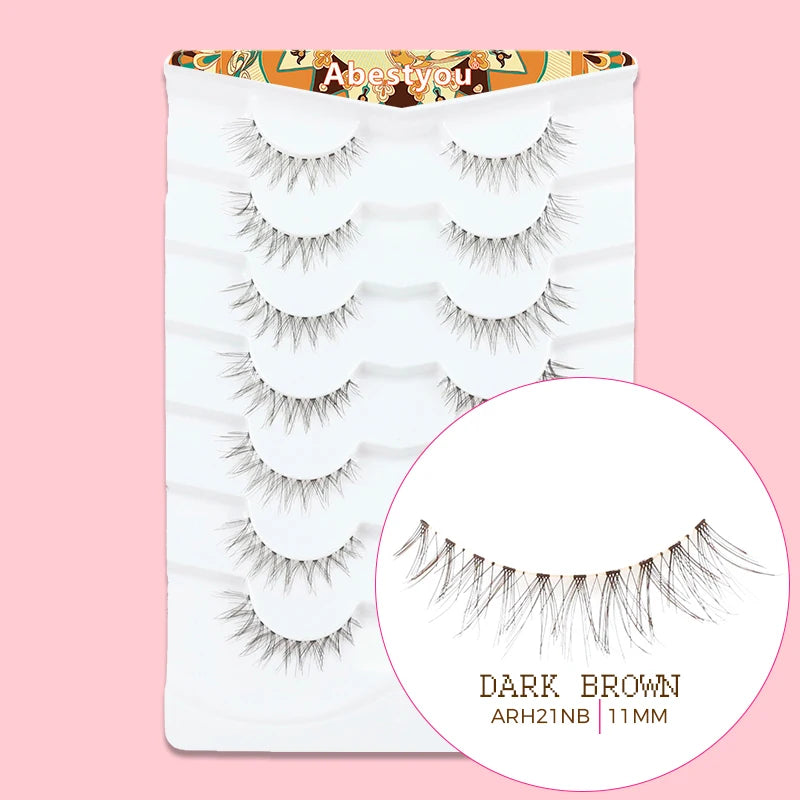 Abestyou Offical 7Pair 12mm Short Brown Coffee Color False EyeLashes Natural Long Wispy Invisible Band Full Strip 3d Mink Lashes