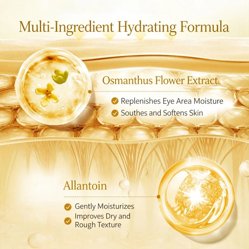 1 Box of 80 Eye Mask Patches Contains Golden Osmanthus Flower Essence, Antioxidant and Brightening Properties, Jelly Gel Texture, Adheres to the Eye Area Without Slipping, Moisturizes and Hydrates, Reduces Dry Lines an