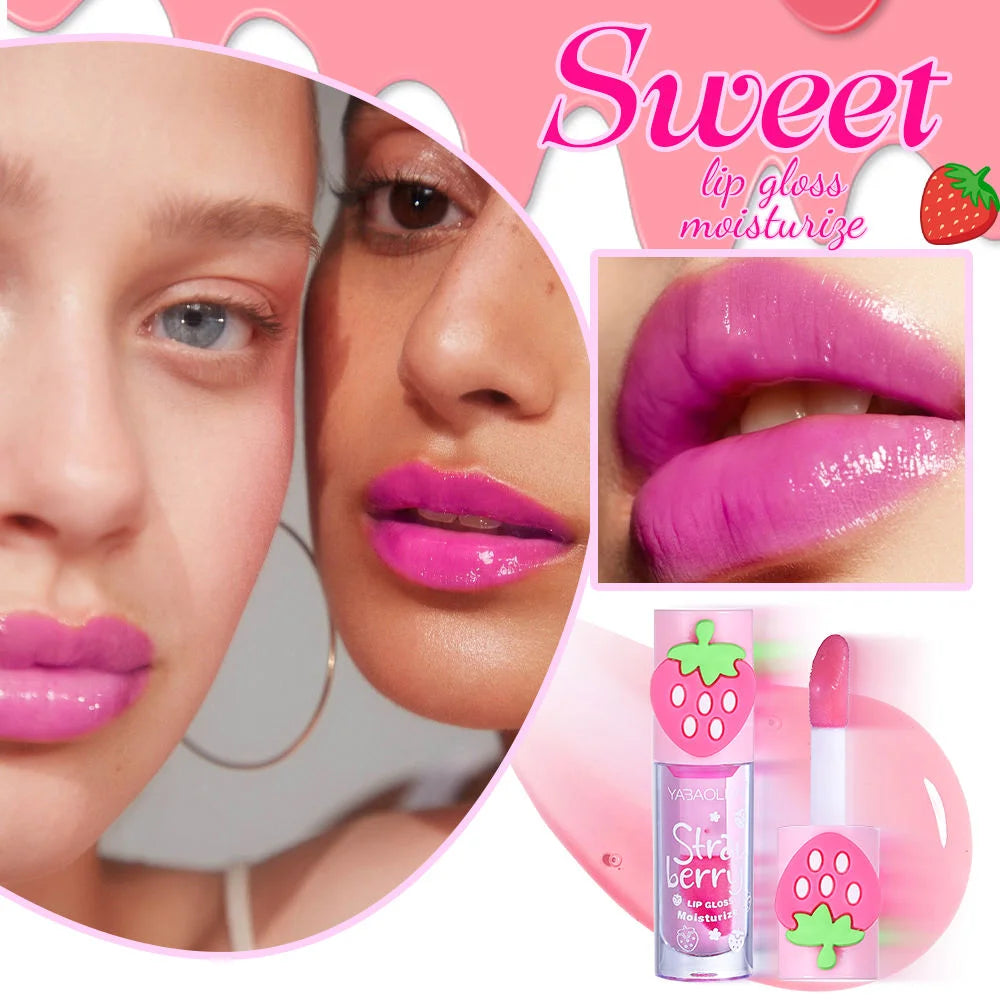 YABAOLIAN 3D Strawberry Mirror Lip Oil, Moisturizing Fade Lip Lines Water Jelly Lip Gloss Transparent Plump Lips Lipstick