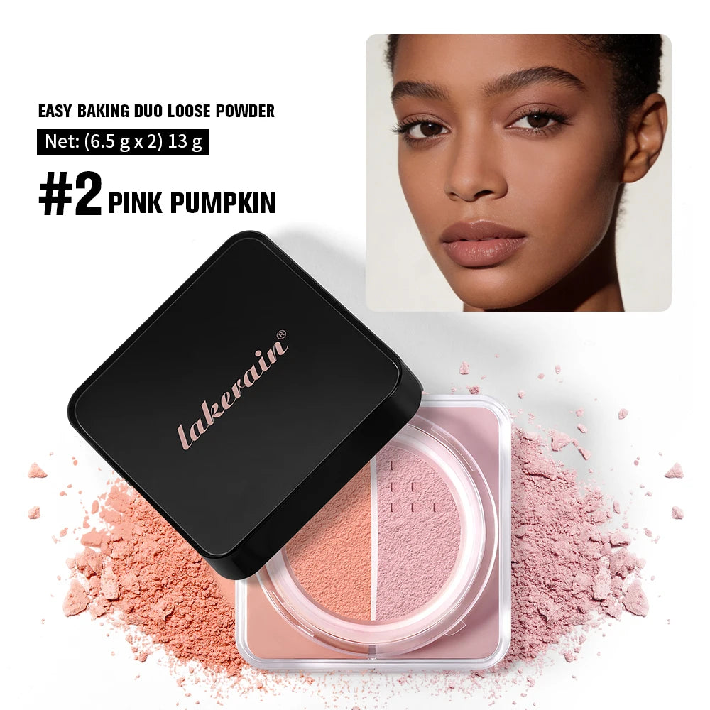 Lakerain Dual Color Loose Powder Baking Setting Face Powder Long Lasting Oil Control Matte Makeup for Women Girls Daily Party Co