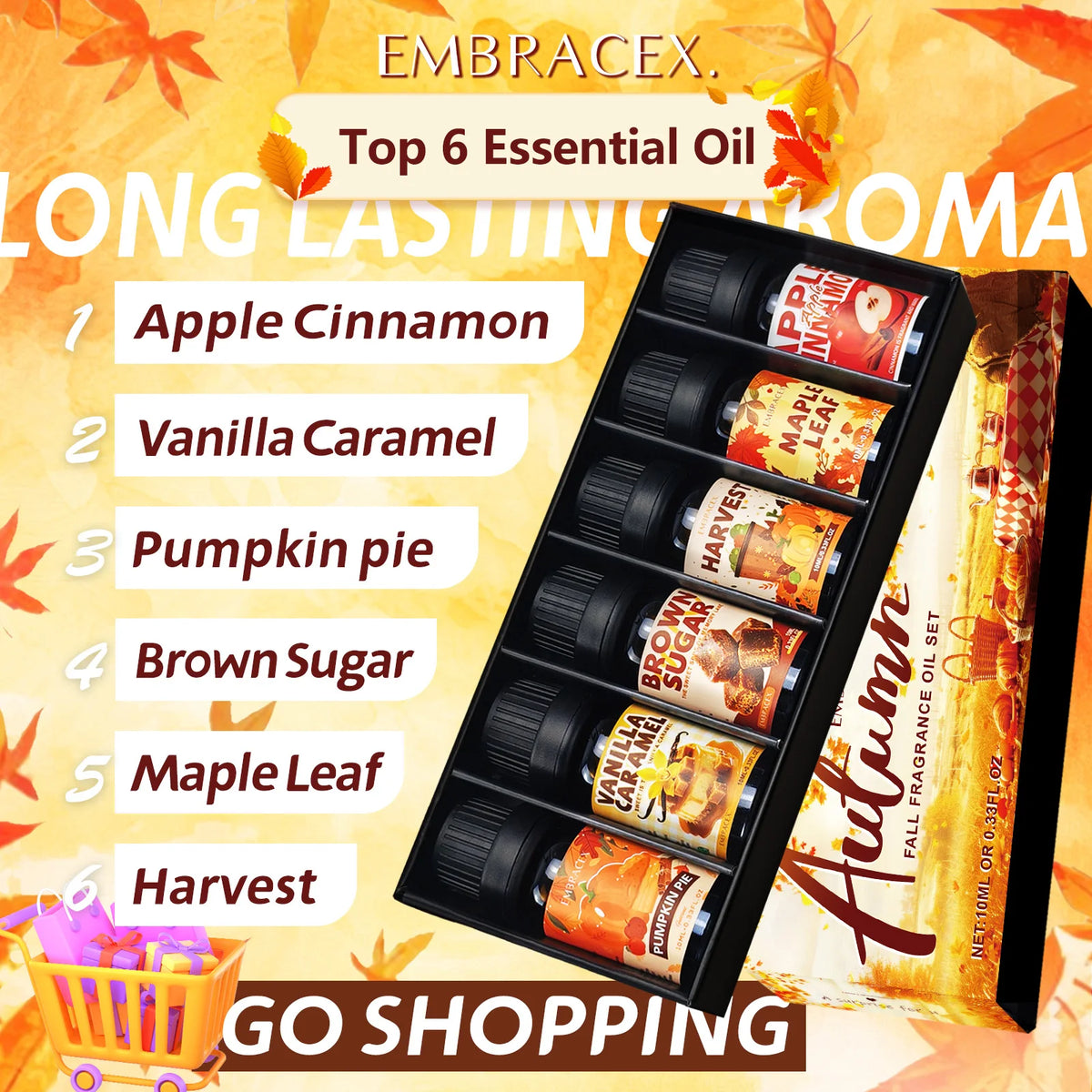 6pc/1Set 10ML Fragrance Oils Gift Set Fruit Delicious Hotel Autumn Scented Aroma Oil Warm Scent Christmas Gift Floral Clean Set
