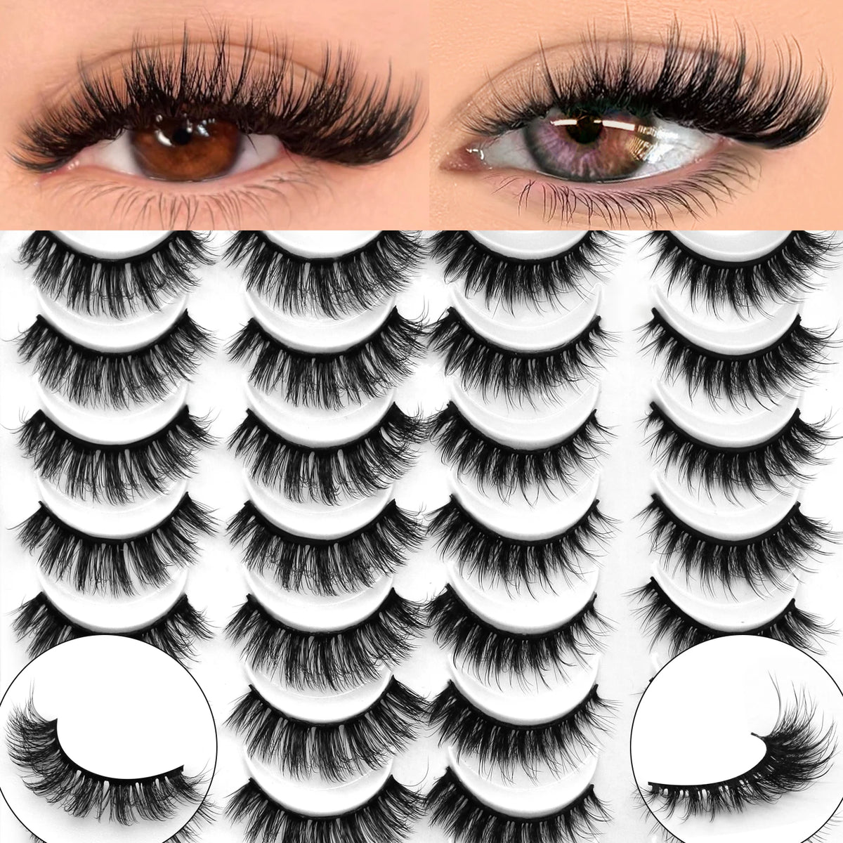 LASVIREY Fluffy Lashes 5/20 Pairs Natural Thick False Eyelashes Mixed Tray Lashes Dramatic Volume 3D Faux Mink Lashes Extension