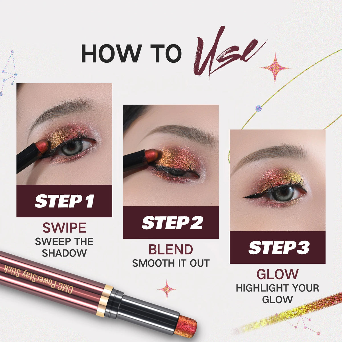 CHARMACY New Multichrome Eyeshadow Stick with Sponge Waterproof Long Lasting Glitter Eye Professional Maquillaje for Women