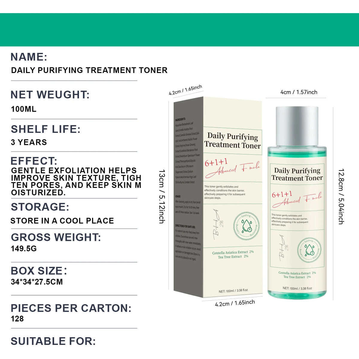 Daily Purifying Treatment Toner with Salicylic Acid & Centella Asiatica,Oil Control & Facial Exfoliation Skin Care Toner,100ml