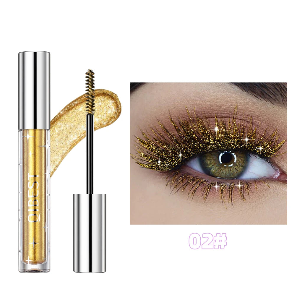 QIBEST Sliver Gold Purple Glitter Mascara Quick Dry Lasting Waterproof Curling Thick Shiny Eyelash Diamond Mascara 3 Colors