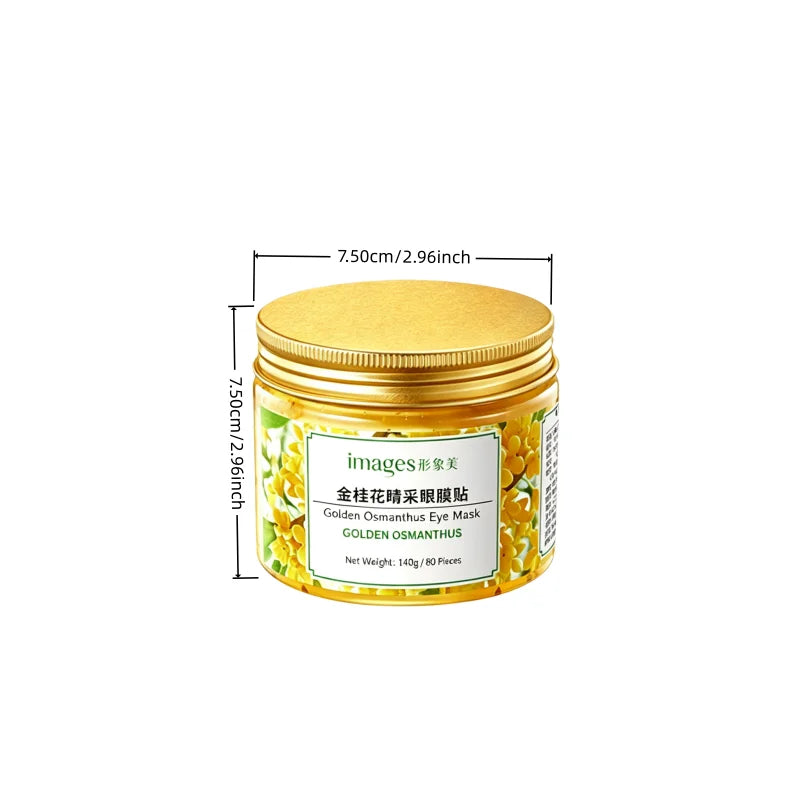 1 Box of 80 Eye Mask Patches Contains Golden Osmanthus Flower Essence, Antioxidant and Brightening Properties, Jelly Gel Texture, Adheres to the Eye Area Without Slipping, Moisturizes and Hydrates, Reduces Dry Lines an