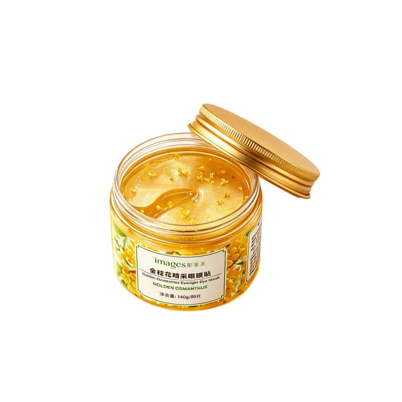 1 Box of 80 Eye Mask Patches Contains Golden Osmanthus Flower Essence, Antioxidant and Brightening Properties, Jelly Gel Texture, Adheres to the Eye Area Without Slipping, Moisturizes and Hydrates, Reduces Dry Lines an