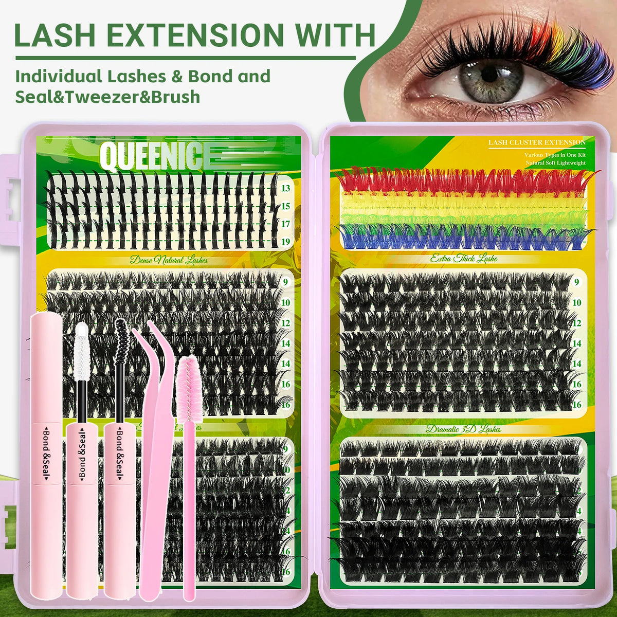 QUEENICE Lashes Cluster DIY Lash Extension Mixed Tray Clusters Eyelashes Fluffy Individual Lashes Cat Eye Lash Extension
