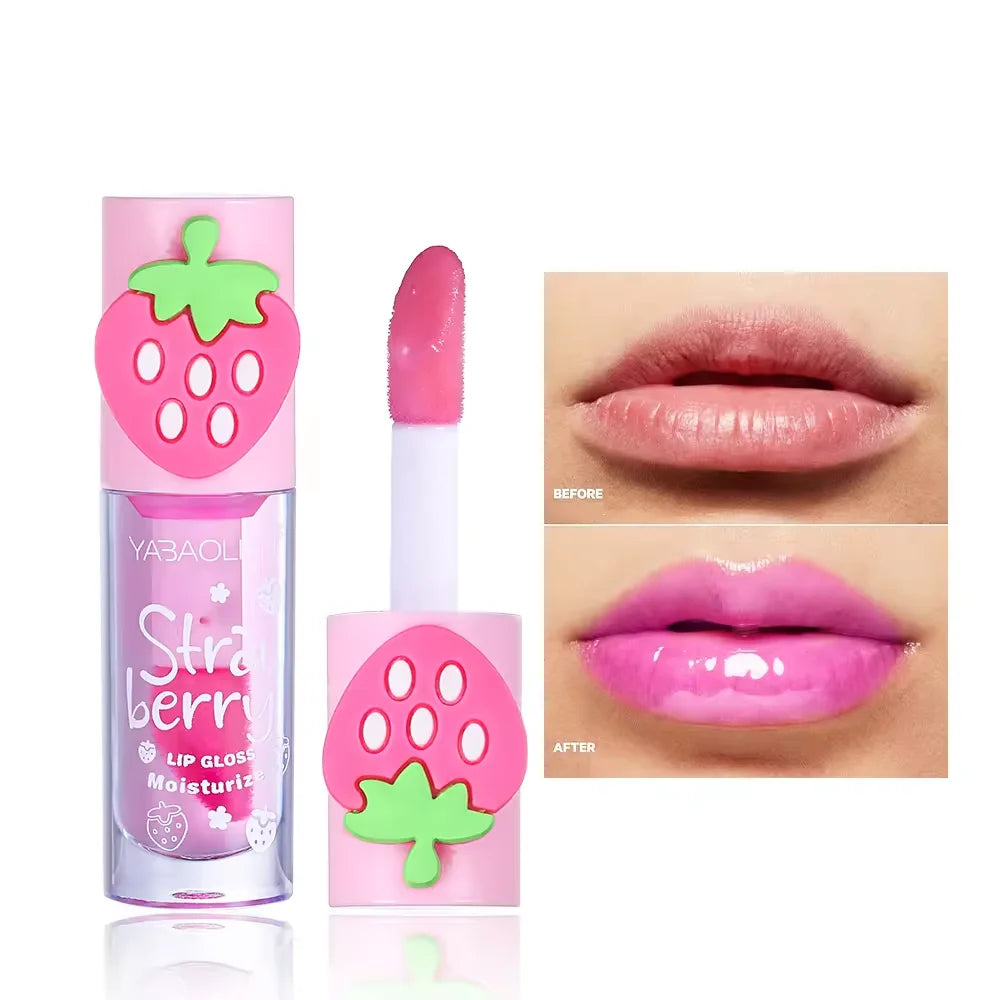 YABAOLIAN 3D Strawberry Mirror Lip Oil, Moisturizing Fade Lip Lines Water Jelly Lip Gloss Transparent Plump Lips Lipstick