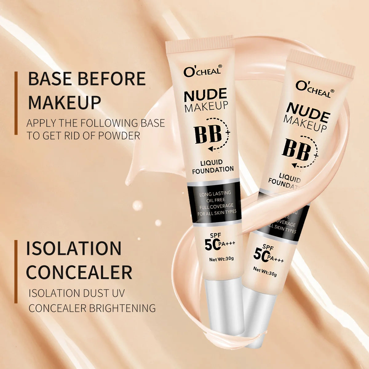 Ocheal 30g BB/CC sunscreen Cream SPF 50/PA+++ Facial Liquid Foundation Cream Long Lasting Coverage Oil Free All Skin Makeup