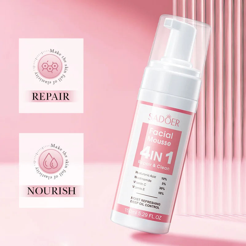 SADOER 4 in 1 Facial Mousse Face Wash Foam Facial Cleanser Moisturizing Brightening Hydrating Face Cleansing Skin Care Products