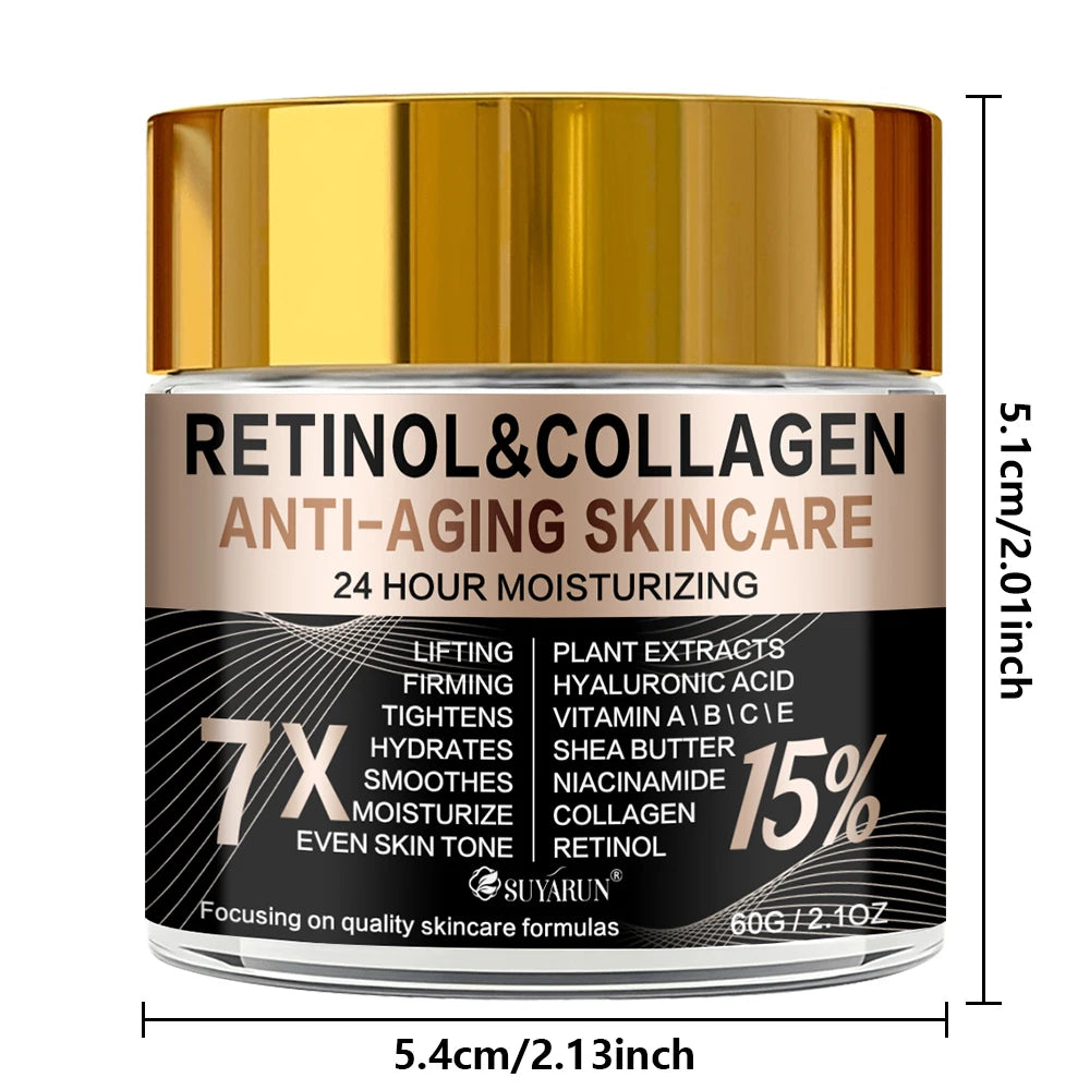 Retinol Collagen Anti-Aging Face & Eye Cream in Glass Jar - Moisturizing & Wrinkle Reduction for Firm Skin.