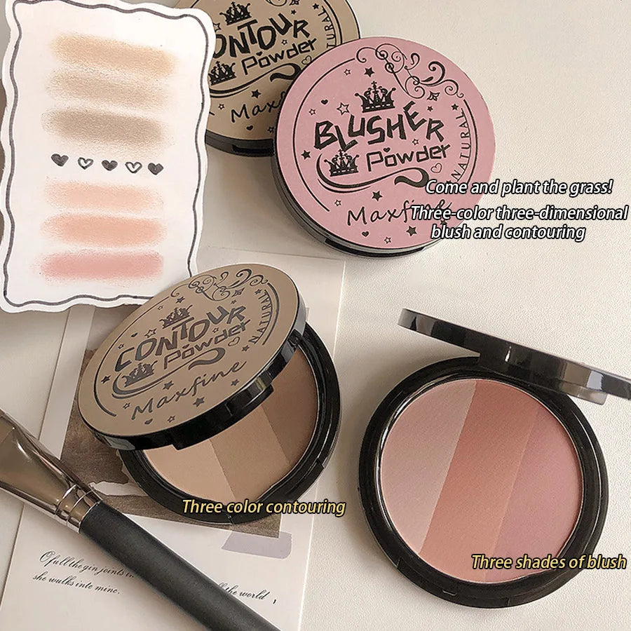 3in1 Three Colors Powder Tray Blush Contouring Waterproof Long Lasting Delicate Natural Face Makeup