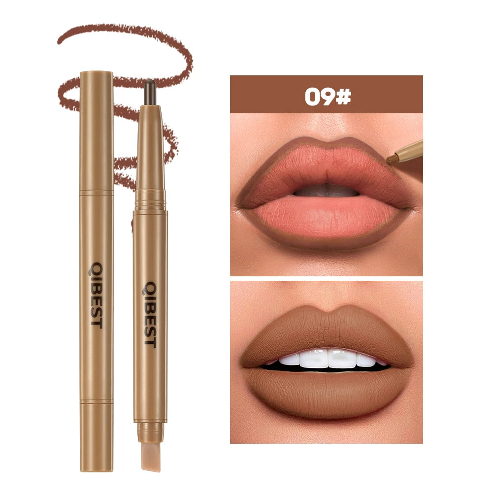 QIBEST Double Ended Lip Liner&Brush Pen 2 In 1 Stick Mist Matte Contour Tint Lipstick Pencil Nude Black Lipliner Lasting Makeup