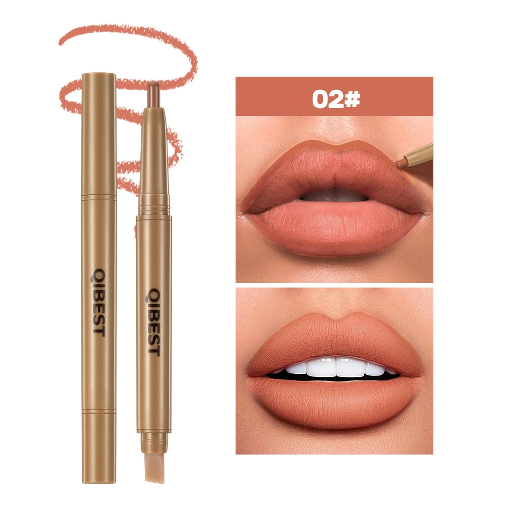 QIBEST Double Ended Lip Liner&Brush Pen 2 In 1 Stick Mist Matte Contour Tint Lipstick Pencil Nude Black Lipliner Lasting Makeup