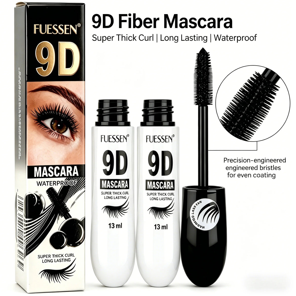 2pcs FUESSEN 9D Volume Mascara Set Intense Black Waterproof Long-Lasting Thick Full Lash Effect Ideal Mother's Day Gift for Best