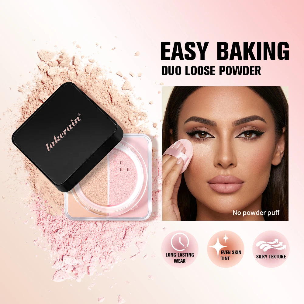 Lakerain Dual Color Loose Powder Baking Setting Face Powder Long Lasting Oil Control Matte Makeup for Women Girls Daily Party Co