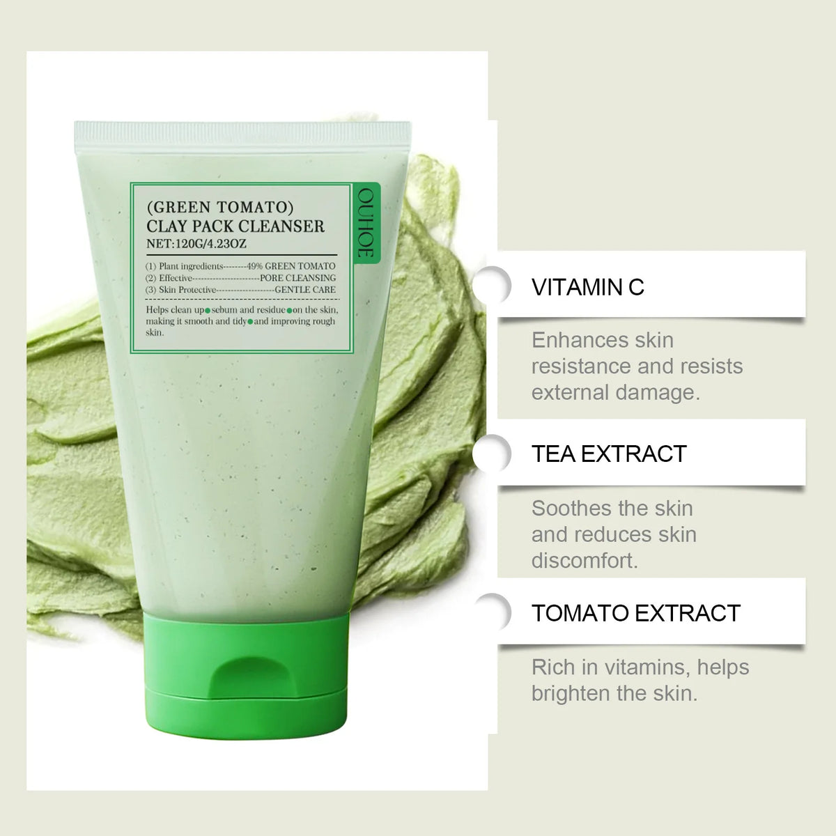 Green Tomato Clay Mask Cleanser for Women Deep Pore Cleansing, Oil Control, Gentle Daily Face Wash for Blackhead & Sebum Control