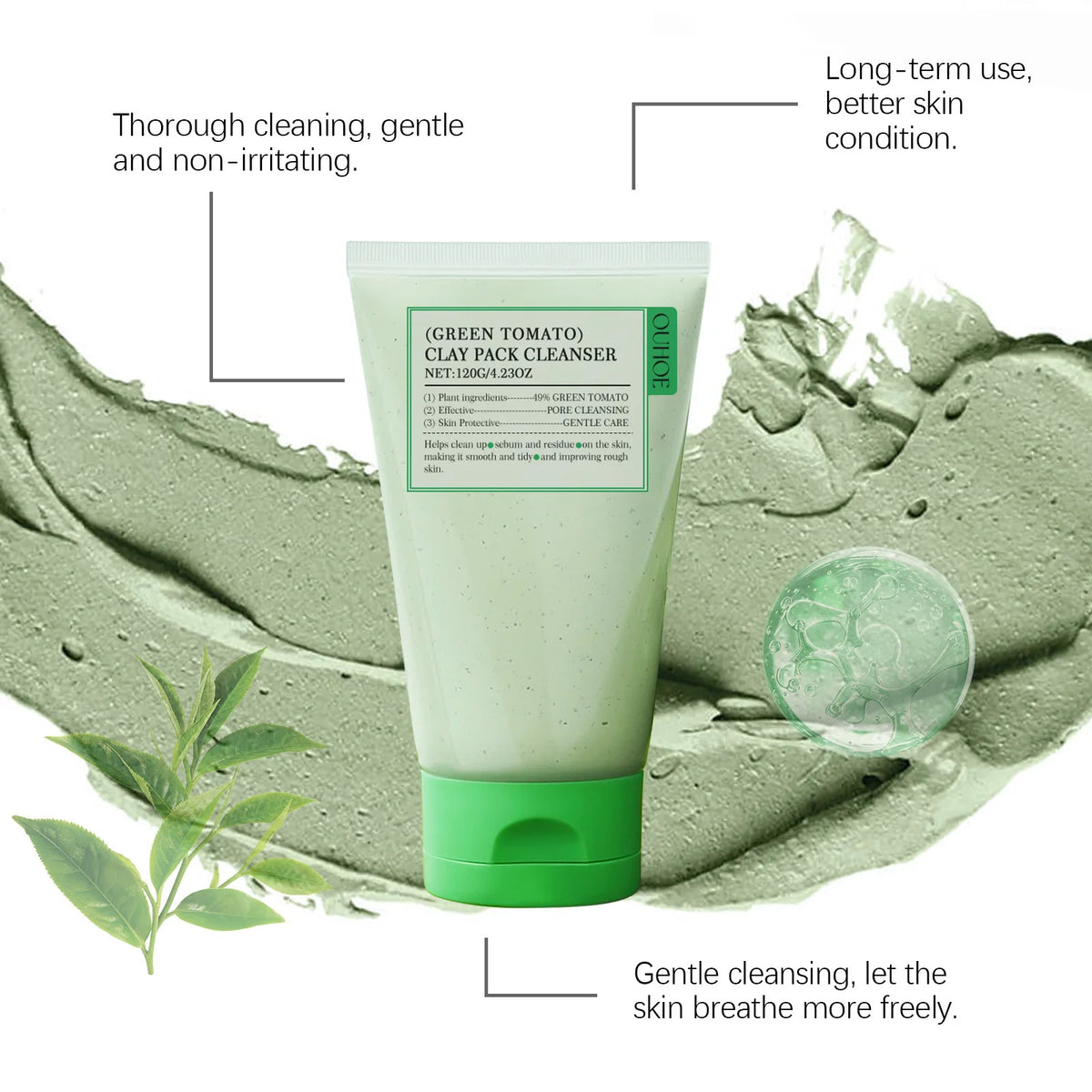 Green Tomato Clay Mask Cleanser for Women Deep Pore Cleansing, Oil Control, Gentle Daily Face Wash for Blackhead & Sebum Control