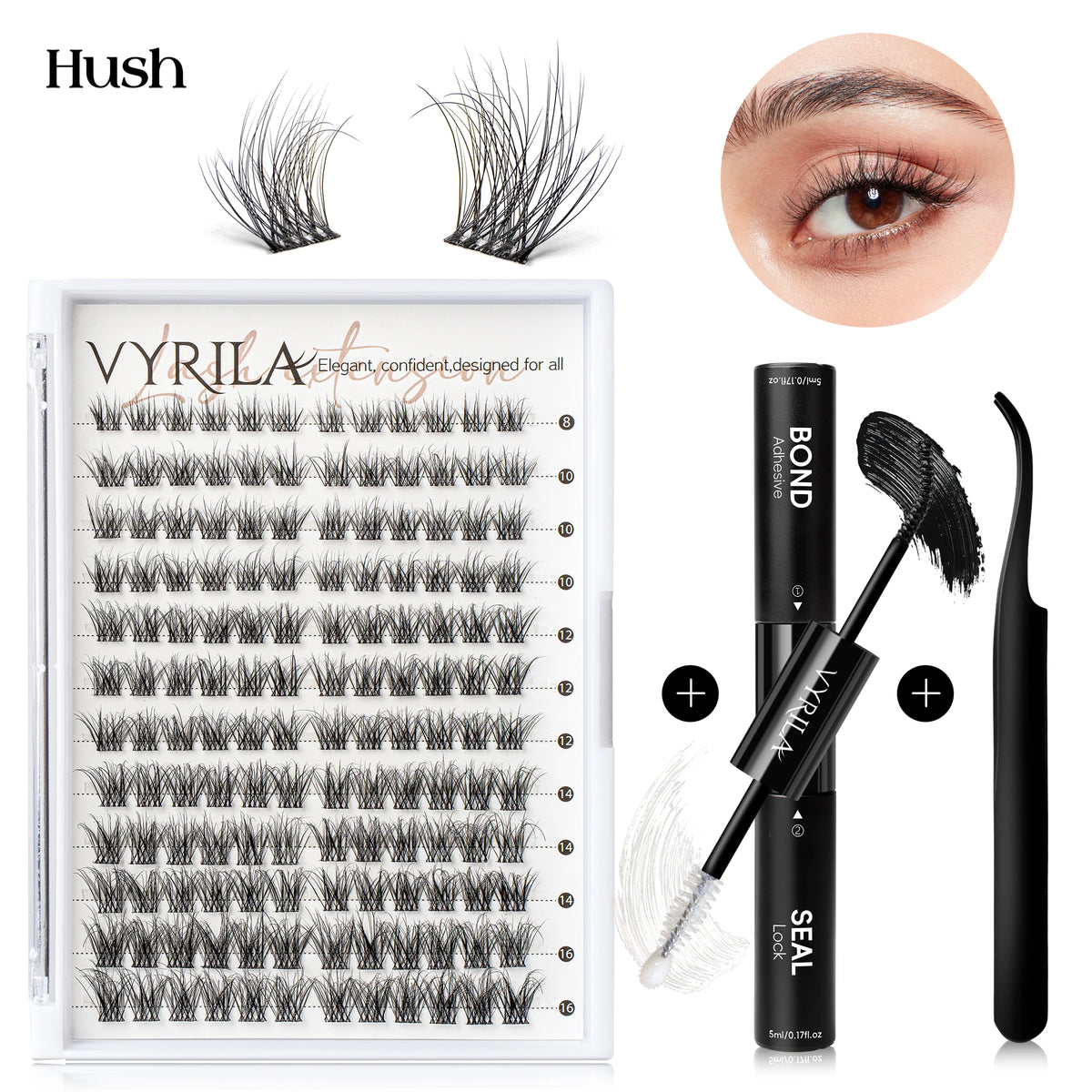 VYRILA Lash Extension Kit Wispy C Curl Lash Clusters Kit Hush 8-16mix Individual Lashes with Lash Bond and Seal Lash Tweezers
