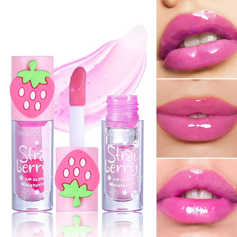 YABAOLIAN 3D Strawberry Mirror Lip Oil, Moisturizing Fade Lip Lines Water Jelly Lip Gloss Transparent Plump Lips Lipstick